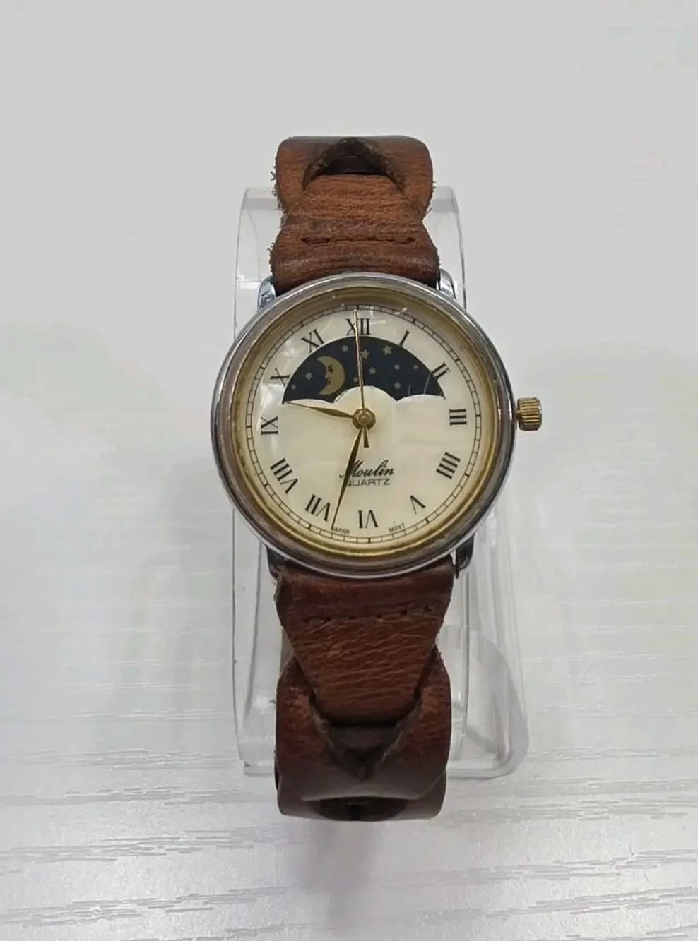 Moulin Quartz Moon Phase Watch Pearl Round Face Brown Band Stars New Battery 280